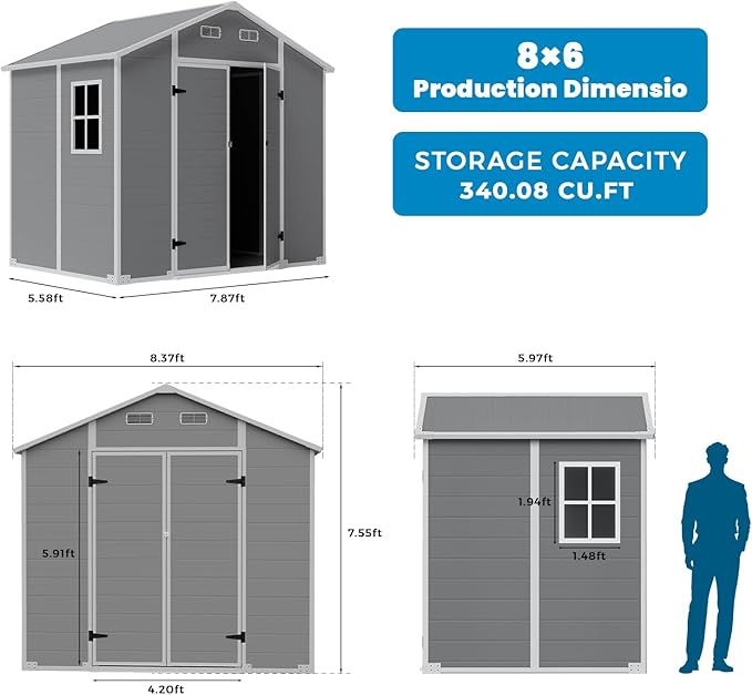 Larbanke 8x6FT Outdoor Storage Shed with Floor, Resin Tool Shed with Lockable Door and Air Ventilation, Waterproof Garden Storage Shed with Sloped Roof for Patio, Lawn, and Backyard, Gray
