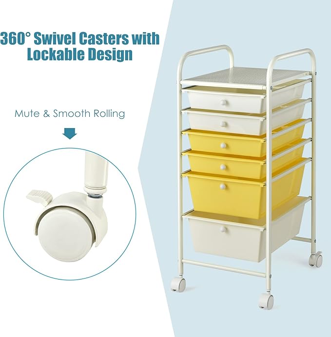 GOFLAME 6-Drawer Rolling Storage Cart, Multifunctional Art Craft Organizer Cart, Mobile Utility Storage Cart with Removable Drawers & Lockable Wheels, Craft Cart for Home Office, School, Yellow
