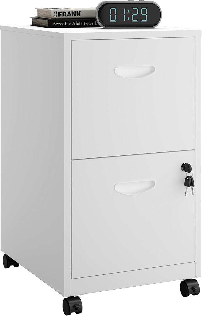 2 Drawer Rolling File Cabinet on Wheels, Mobile Two Drawer Filing Cabinet with Lock, Small Files Cabinets for Under Desk, Metal Filing Cabinets for Letter Size Folders, White - Assembly Required