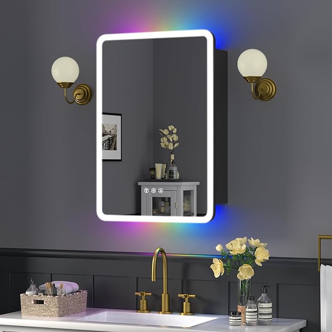 Medicine Cabinet with Lights, 16×24 Inch Lighted Wall Mounted Bathroom Mirror with Storage, LED Bathroom Cabinet with RGB Backlit and Front Lighted, Defogger, 3 Light Colors Dimmable