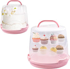 Cake Carrier Round Cake Stand Plus Height Cake Container with Cupcakes Pad, Handle, Lid Reusable Package Box for Transporting Desserts,Pie,Toast,Fruit (10" Pink)
