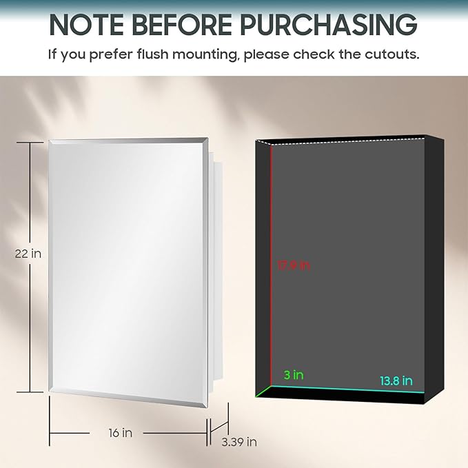 16x22 inch Plastic Medicine Cabinet with Mirror, Recessed Medicine Cabinet or Surface Wall Mount Bathroom Cabinets with Adjustable Shelves, Beveled Edge Mirror Cabinet