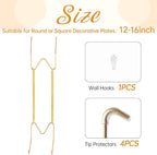 Plate Hangers for The Wall, Suitable for 12-16 inch Decorative Plate, Stainless Steel Wire Plate Holder with Wall Hooks and Rubber tip Protectors, Plate Hangers for Displaying Plates, Platter, Gold
