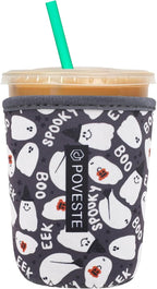 Reusable Neoprene Insulator Sleeve for Iced Coffee & Cold Soda, Coffee Sleeves for Iced & Hot Drinks, Cold Beverage Cooler Compatible with Starbucks, Dunkin (Halloween Boo, Small: 16-18oz)