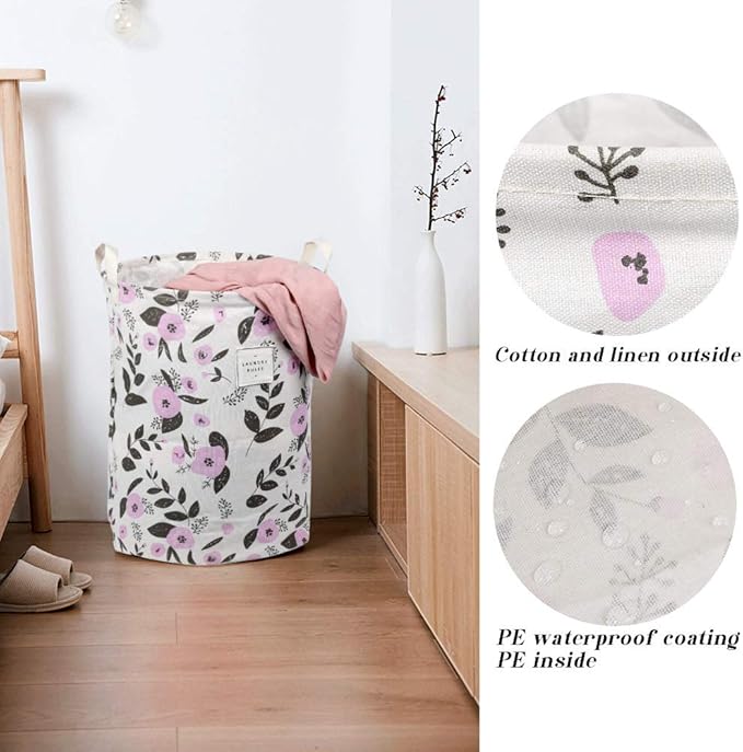 UUJOLY Collapsible Laundry Basket, Laundry Hamper with Handles Waterproof Round Cotton Linen Laundry Hamper Printing Household Organizer Basket, 19.7x15.7 inches, Purple