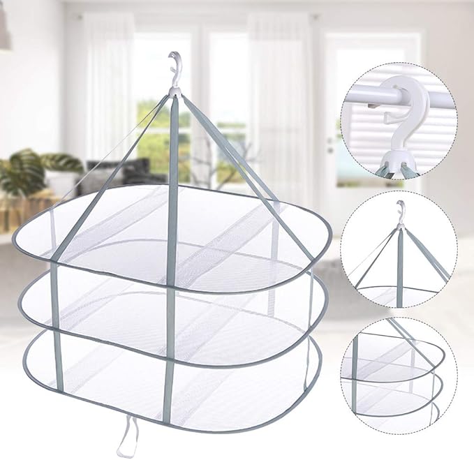 3 Tier Folding Drying Rack, 10Lb Capacity Space Saving Hanging Dryer with Fixing Band, Stackable Sweater Laundry Rack for Clothes, T-Shirt, Towels, Underwear, Indoor Outdoor Use, 31inch