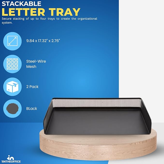 1InTheOffice Side Load Letter Tray Stackable, Black Mesh Tray Legal Size, "2 Pack"