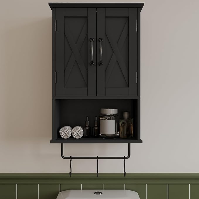 ChooChoo Farmhouse Medicine Cabinet, Bathroom Wall Cabinet with Adjustable Shelf, Towel Bar, 3 Hooks, Over The Toilet Storage Cabinet for Bathroom, Kitchen, 19.3''L, Black