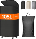 Lifewit 105L Plastic Laundry Basket with Lid, Large Clothes Hamper with Wheels and Removable Bag, Tall Collapsible Rolling Storage Bin for Dorm Bedroom Bathroom, Black