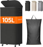 Lifewit 105L Plastic Laundry Basket with Lid, Large Clothes Hamper with Wheels and Removable Bag, Tall Collapsible Rolling Storage Bin for Dorm Bedroom Bathroom, Black