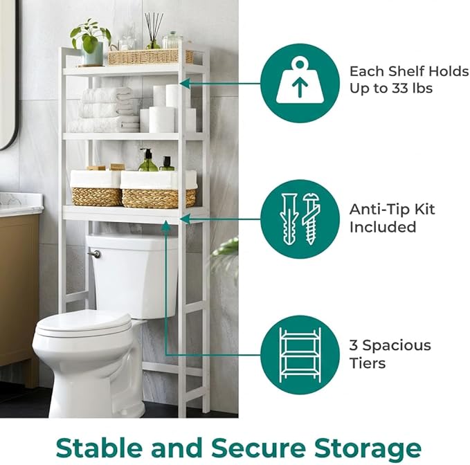 Over the Toilet Storage, 3-Tier Bamboo Bathroom Organizer with Adjustable Shelf, Space-Saving Rack, 66.9" Tall (White)