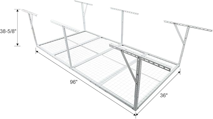 Overhead Garage Storage Rack 3x8FT, Heavy Duty Ceiling Mounted Organizer, Adjustable Height 22-40 Inch, 600 Lbs Capacity Metal Shelf for Home Organization, White