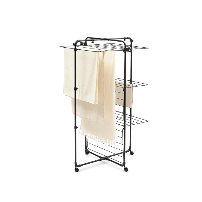 Brabantia HangOn Tower Clothes Drying Rack with Wheels | 76ft (23m) | Matt Black | Tall 3-Tier Indoor Clothes Airer with Adjustable Shelves for Towels, Folds Flat to Save Space | Fits 2+ Full Loads