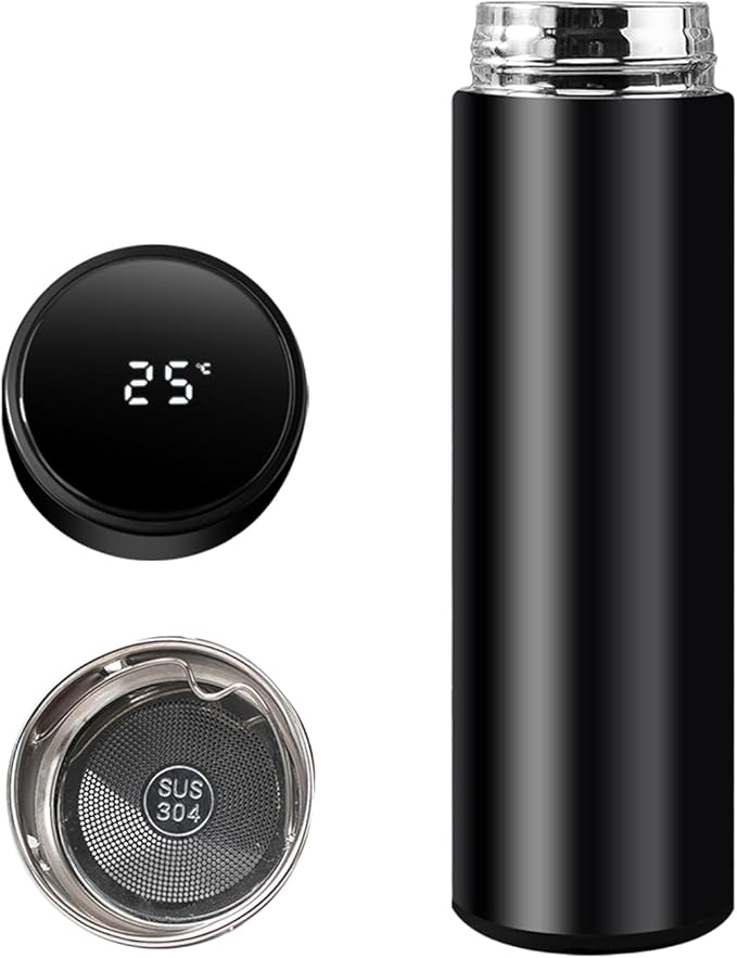 Smart Water Bottle Stainless Steel Vacuum Flask,Travel Mug with Smart LCD Touch Screen, Keep Hot Or Cold, Car Portable Travel Tea Coffee Vacuum Thermo Cup,Insulated Water Bottle (Black)