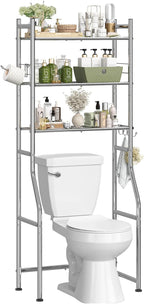 Simple Trending 3 Tier Over The Toilet Rack, Bathroom Shelves with 4 Hooks and Paper Holder, Bathroom Stand Organizer Space Saver, Chrome
