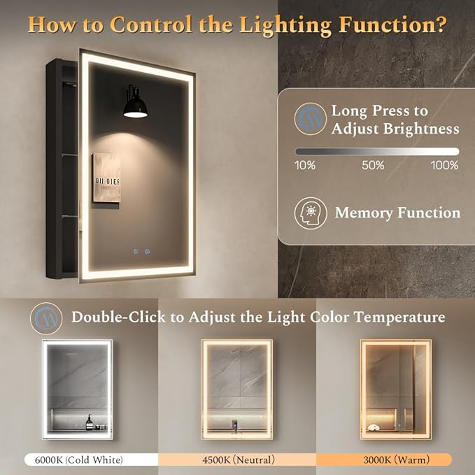 Spliceable Modular LED Lighted Bathroom Medicine Cabinet Mirror with Anti-Fog Aluminum Frame, Adjustable Lighting, Built-in Sockets & USB Ports – Wall Mounted (Right Hinge, 28" L x 20" W)