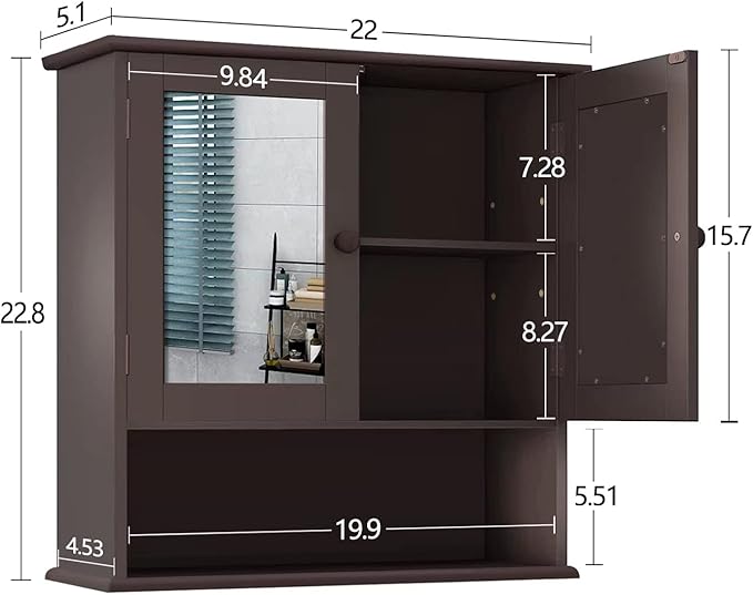 TaoHFE Brown Medicine Cabinet with Mirror - 2 Doors, 3 Open Shelves, Wall Mounted Wooden Storage Cabinet for Bathroom, Laundry Room, Kitchen