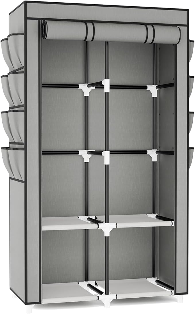 Portable Closet for Hanging Clothes, Portable Wardrobe Closet with Cover, 4 Storage Shelves, 2 Hanging Rods and 8 Side Pockets, Easy Assembly and Sturdy Free Standing Closet for Bedroom, Grey