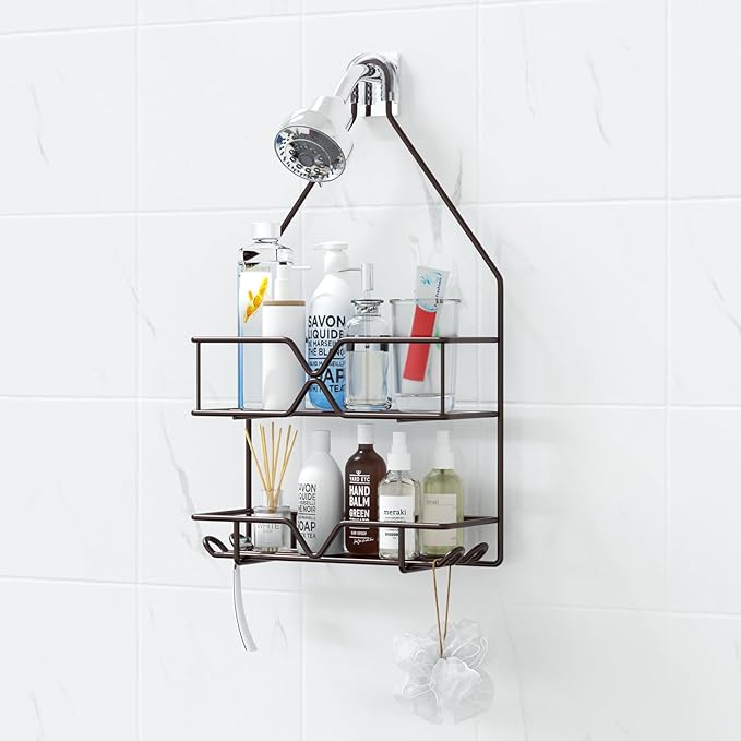 TreeLen Shower Caddy over Shower Head Hanging Bathroom Caddy for Bathroom Organizer 4 Hooks Shampoo Holder-Bronze