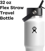 Hydro Flask Travel Water Bottle - Insulated Stainless Steel - Wide Straw Lid, Non Spill, Leakproof in 32 Oz White