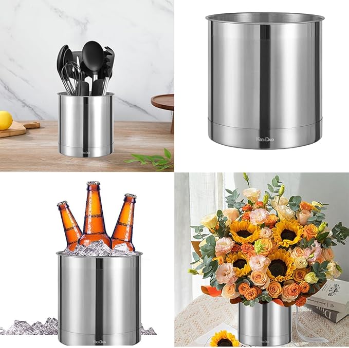 KSENDALO Stainless Steel Utensil Holder 7x7inch Large Utensil Holder for Countertop, Round Utensil Caddy for Spoons, Silverware, and Spatulas for Kitchen, Silver
