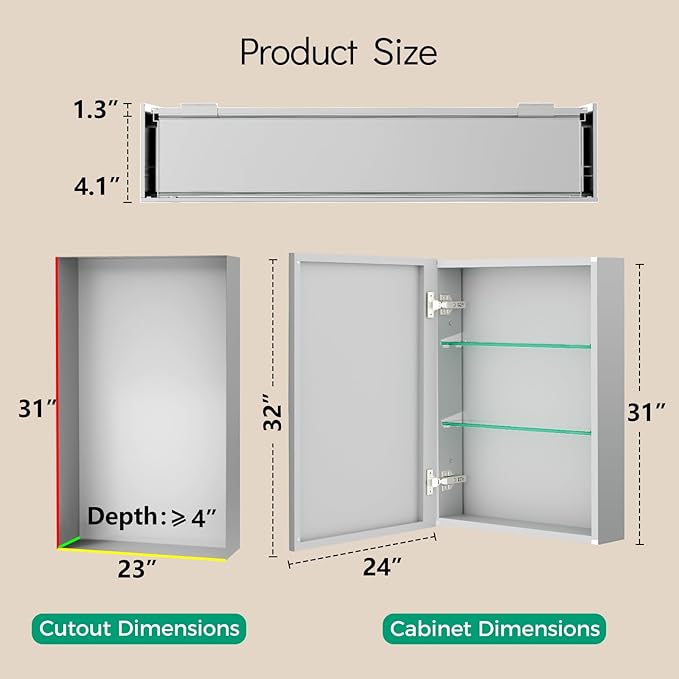 24 x 32 Medicine Cabinet Mirror, Mount or Recessed Bathroom Mirror with Storage, Aluminum Framed Medicine Cabinet with Adjustable Shelves for Bathroom Vanity Modern Farmhouse