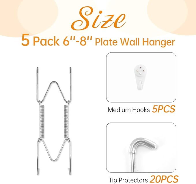 5 Pack Plate Hangers for The Wall, Suitable for 6-8 inch Art Plate, Stainless Steel Invisible Heavy Duty Wire Plate Holder with Wall Hooks, Plate Hangers for Displaying Plates, Platter, Dish, Silver