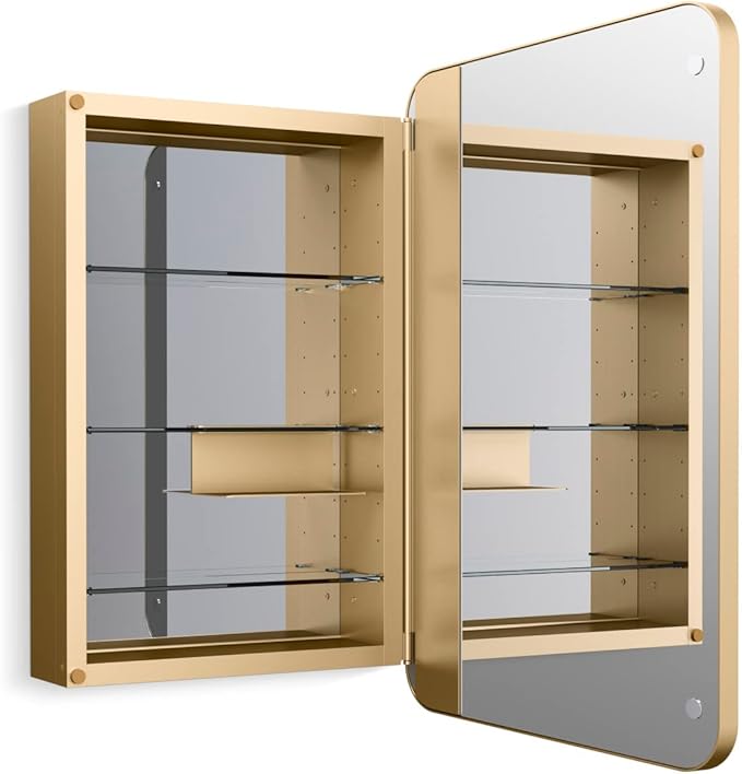 Kohler 35570-BGL Verdera® Framed Bathroom Medicine Cabinet with Mirror, Rectangular Design, Mirrored Interior, Adjustable Glass Shelves, Rustproof, 22 in. W x 34 in. H, Moderne Brushed Gold