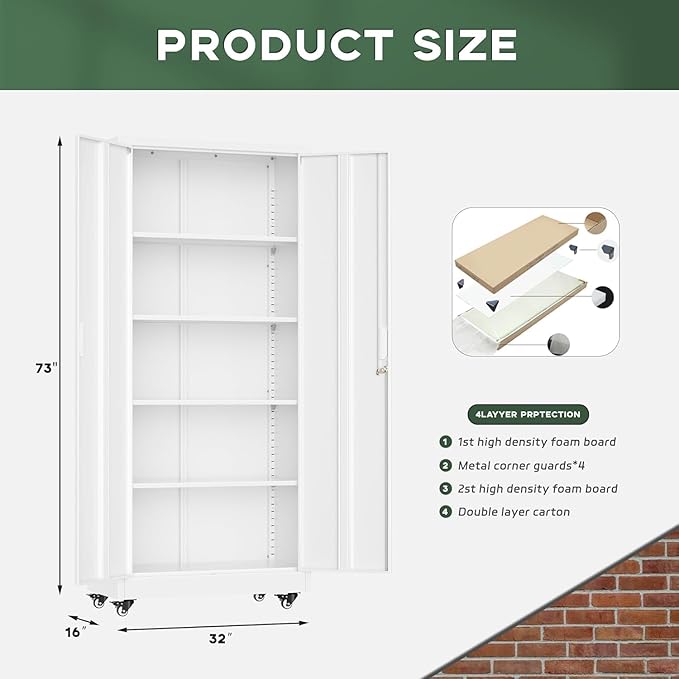 Greenvelly 73" Storage Cabinet with Wheels, Rolling Metal Cabinet with Locking Doors and Adjustable Shelves, Steel Tool Cabinet for Home Office, Garage, Warehouse, White(32" W x 16" D)