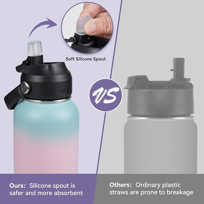 32oz Insulated Stainless Steel Water Bottle, Wide Mouth Double Wall Vacuum, Silicone Straw, Sweat & Leak Proof, BPA Free Insulated Water Flask for Travel, Keep Cold 24h Hot 12h, Pink
