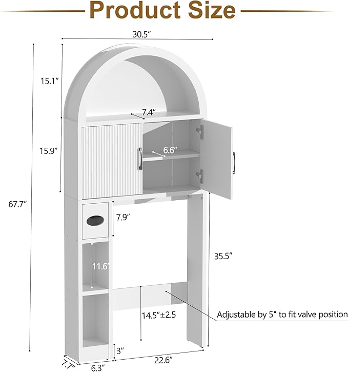 AHB Over The Toilet Storage Cabinet, Freestanding Bathroom Organizer with Adjustable Shelf and Anti-Tip Device, Arched Cabinet with Doors, Space-Saving Toilet Storage for Bathroom, Laundry, Mini Bar