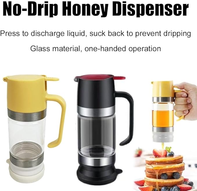2Pcs Honey Dispenser No Drip,12OZ Glass Honey Jar with Handle,Syrup Dispenser for Coffee or Tea,Mess Free Honey-Dispenser for Maple Syrup, Honey-Container (Green+Black)