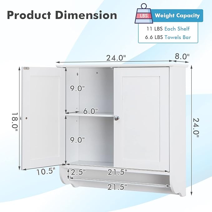 Giantex Bathroom Cabinet Wall Mounted - Over The Toilet Medicine Cabinet with Double Doors, Adjustable Shelf and Towels Bar, Above Toilet Storage Cabinet for Bedroom Kitchen Wall Cabinet (White)