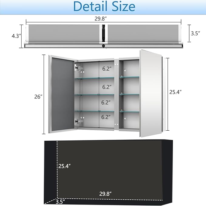 Medicine Cabinet with 26x30 inch Mirror, Mirror Cabinet with Assembly Needed, Aluminum Surface Mount or Recessed Wall Cabinet, Adjustable Glass Shelves, Suitable for Bathroom Bedroom