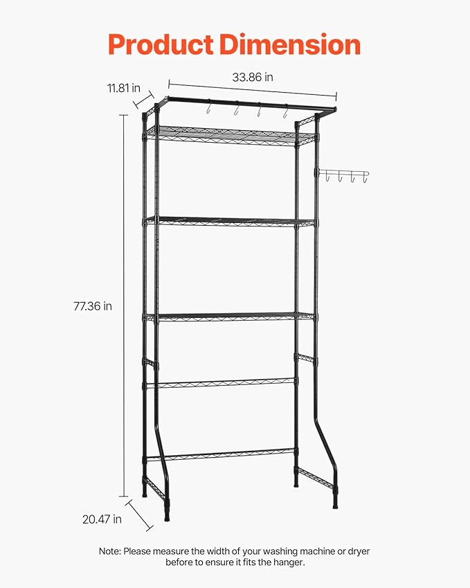 VEVOR Over The Washer and Dryer Storage Shelf, 3 Tier Laundry Room Drying Rack with Hanger Rod and Hooks, Adjustable Over Washer and Dryer Shelves, Laundry Room Shelf Storage Space Saver, Black