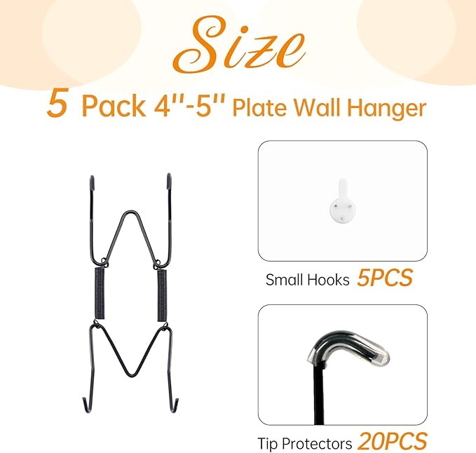 5 Pack Plate Hangers for The Wall, Suitable for 4-5 inch Art Plate, Stainless Steel Invisible Heavy Duty Wire Plate Holder with Wall Hooks, Plate Hangers for Displaying Plates, Platter, Dish, Black