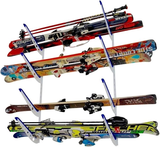 StoreYourBoard Ski & Snowboard Rack, Adjustable Wall Mount Rack Storage System for 4 Boards, Heavy-Duty Garage Wall Organizer for Ski & Snowboards (Ski - White)