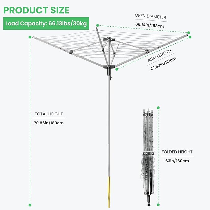 Outdoor Umbrella Drying Rack, 4-Aluminum Arms Folding Rotary Dryer with 12 Lines 165 ft Drying Space Adjustable Height Clothesline w/Waterproof Cover & Ground Spike for Garden Backyard(Grey)