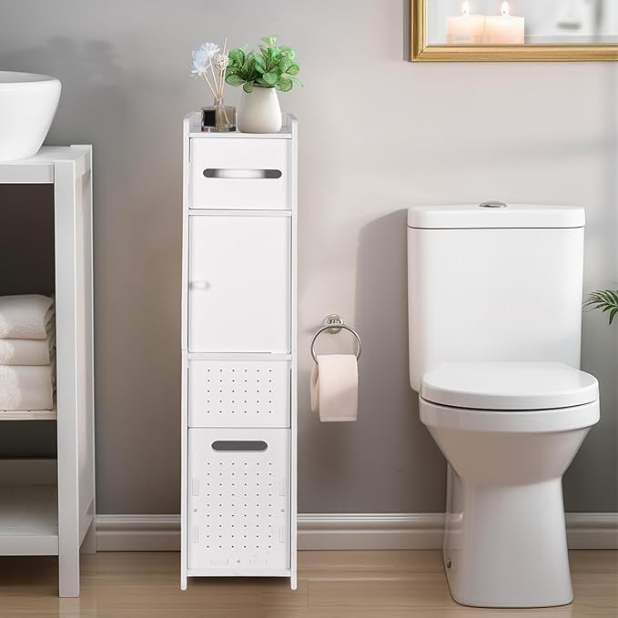 ShellKingdom Toilet Paper Holder Stand with Trash Can, Slim Bathroom Storage Cabinet Shelves, Storage Cabinet for Bathroom Small Spaces, 33.5 x 8.7 x 6.7 inch