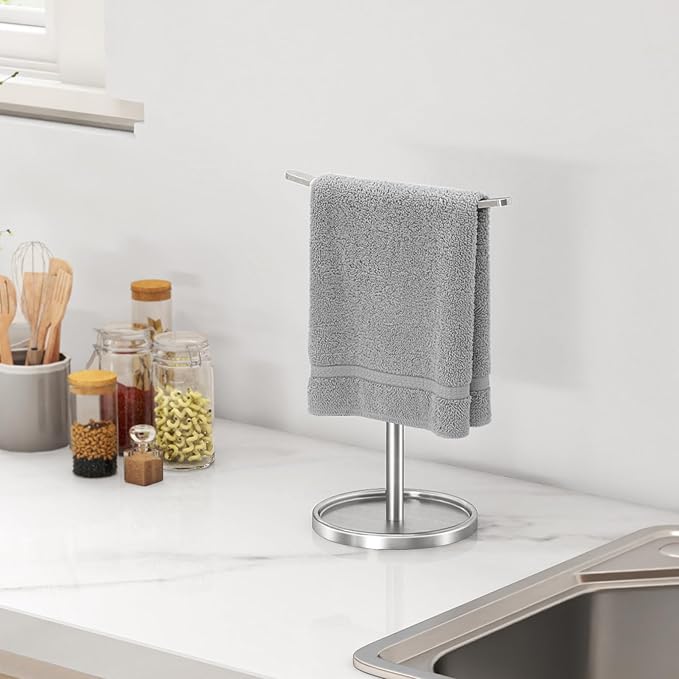Hand Towel Holder, Stainless Steel Towel Holder Stand for Bathroom, Kitchen Countertop, T-Shaped Hand Towel Rack Stand, Brushed Nickel