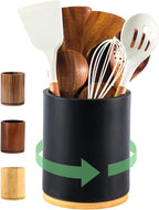 Wooden Utensil Holder, 360°Rotating 7.3'' Large Utensil Holder for Kitchen Counter, Kitchen Utensil Organizer, Utensil Crock, Farmhouse Kitchens Countertop Decor, Black Color
