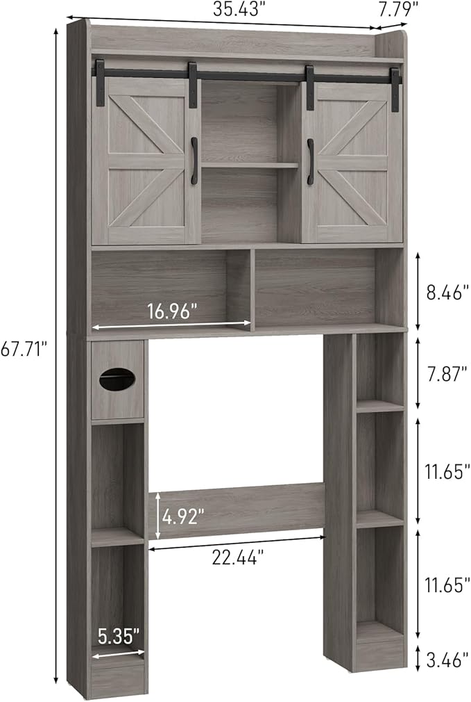 Vabches Farmhouse Storage Cabinet Over Toilet with Sliding Doors, Home Space-Saving Toilet Rack, Over The Toilet Storage Cabinet, Open Storage Shelf, for Bathroom, Laundry, Restroom.Wash Grey
