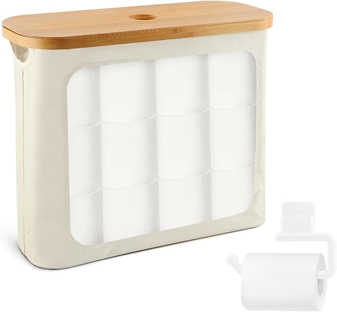 Toilet Paper Storage Holder with Lid, Freestanding Toilet Paper Basket Stand for 9 to 12 Rolls, Bathroom Storage Organizer with Bamboo Lid(Beige)