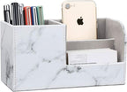KINGFOM Desk Organizer Office Supplies Caddy Pu Leather Multi-function Storage Box Pen/Pencil,Cell phone, Business Name Cards Remote Control Holder Gray Marble