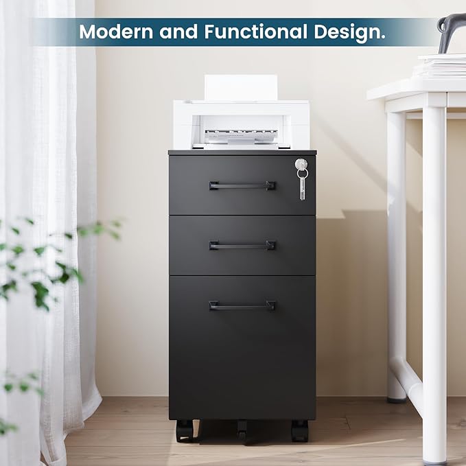 MIIIKO File Cabinet 3 Drawers on Wheels Under Desk, Black Metal File Cabinets with Lock for Home Office, Filing Cabinet with Lock(Un-Assembled)