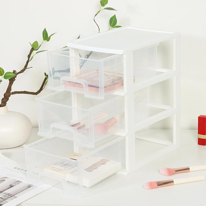 Gonice Small 3 Drawer Storage Organizer, White Plastic Drawer Storage, Small Desktop Organizer for Home, Office