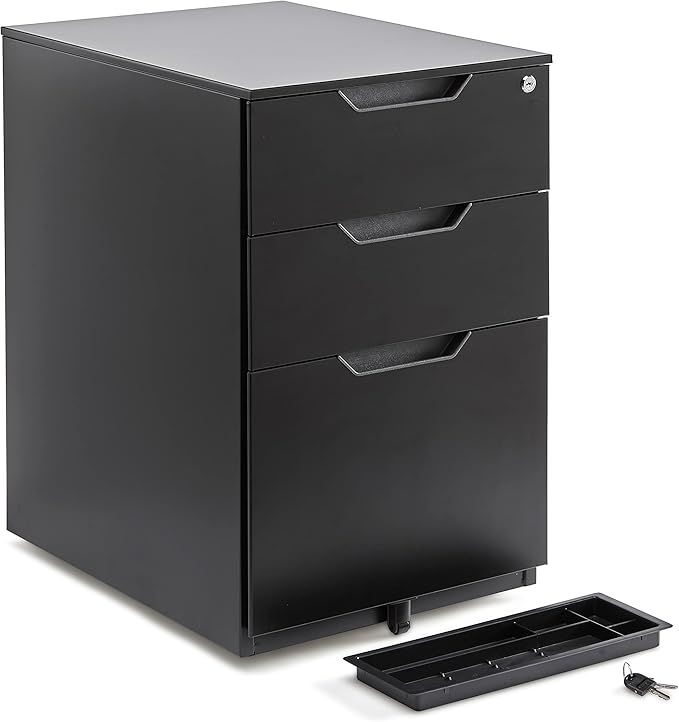 Amazon Basics 3-Drawer Mobile File Cabinet with Lock, Rolling Filing Cabinet for Hanging Files, Black, 20.71" D x 15.51" W x 24.29" H | With Lock, 3 Drawer