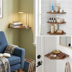 SUYU Set of 3 Floating Corner Shelves, 11.8" Rustic Wood Corner Shelf Wall Mounted, L-Shaped Corner Wall Shelf for Bathroom, Bedroom, Living Room, Kitchen, Office Organizer, Rustic Brown