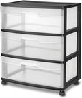 Plastic Storage Drawer Cart, Medium Home Organization Storage Container with 3 Large Clear Drawers With Wheels (Black), 3SDC-01