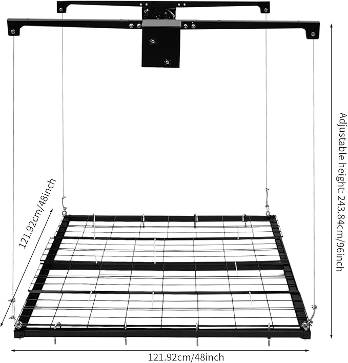 Ceiling Mount Garage Storage Rack, 4x4 Ft Overhead Lifting Storage Rack with 250 lbs Capacity, Adjustable Max Height 8 Ft with Crank Handle, Carbon Steel for Garage Warehouse Organization, Black